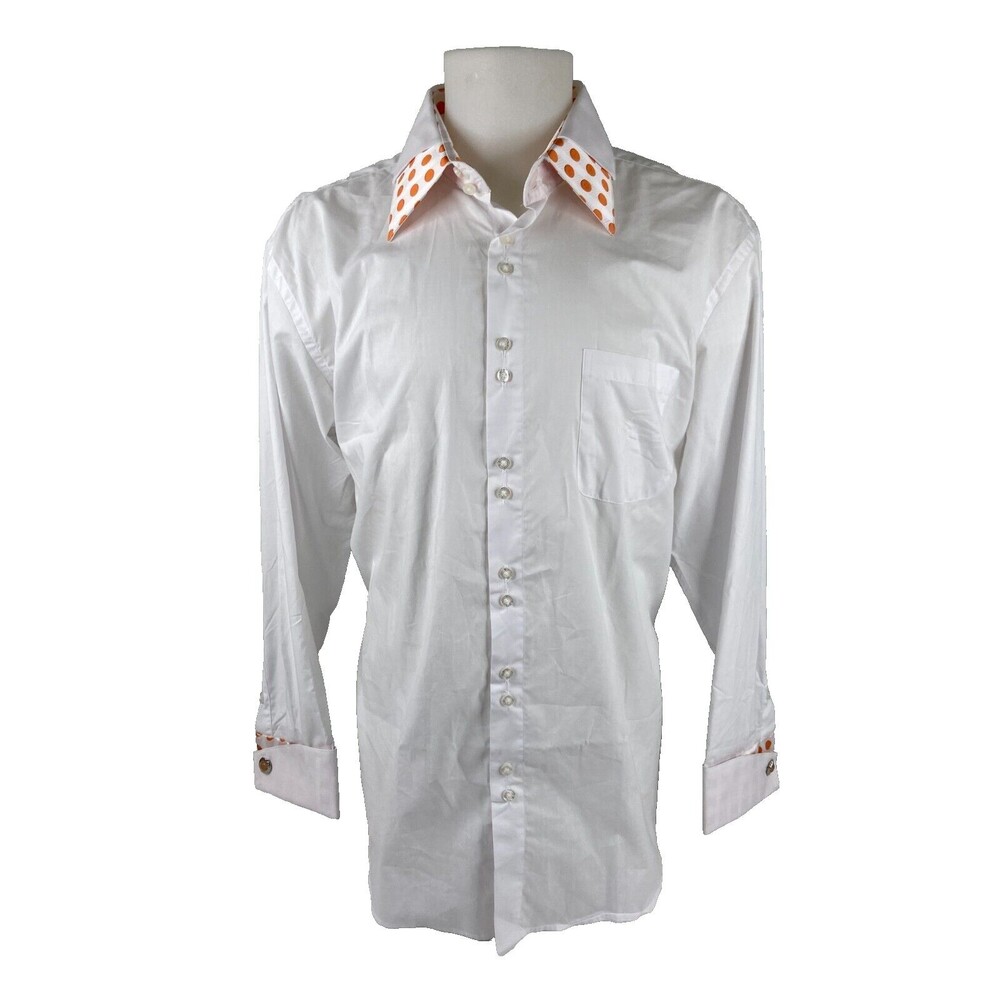 Daniel Ellissa Men Shirt 17 1/2 x 34/35 White Orange Polka Dot Flip Cuff Club